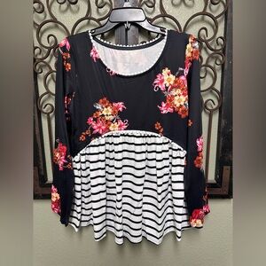 Boutique crochet trim long sleeve floral boho black/white stripe top